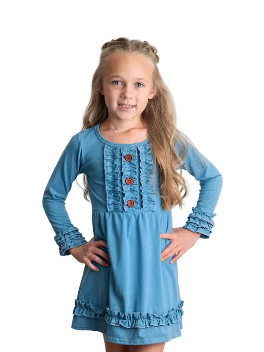 Blue Ruffle Button Dress