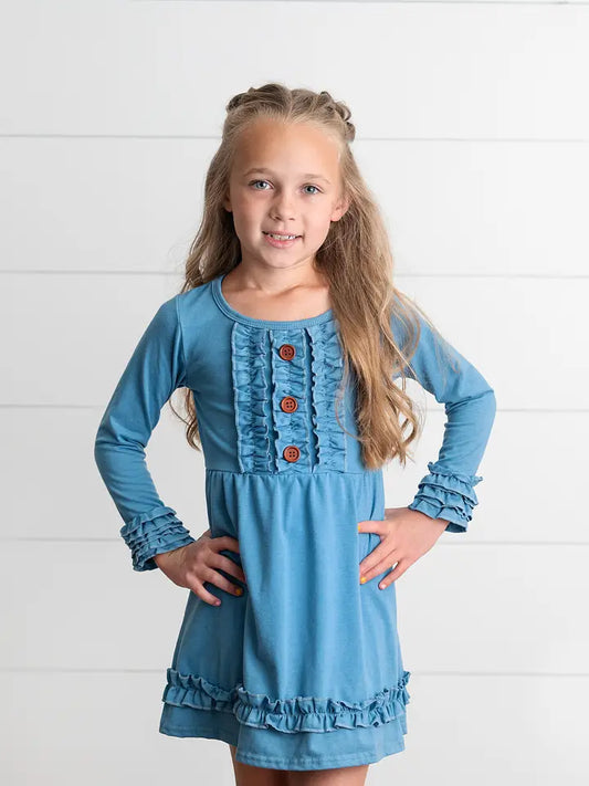 Blue Ruffle Button Dress