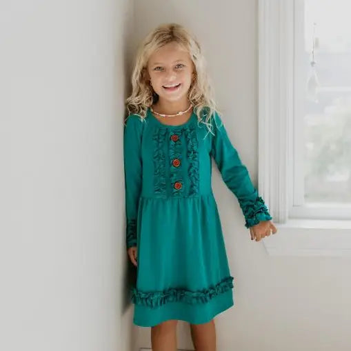 Dark Teal Ruffle Button Dress