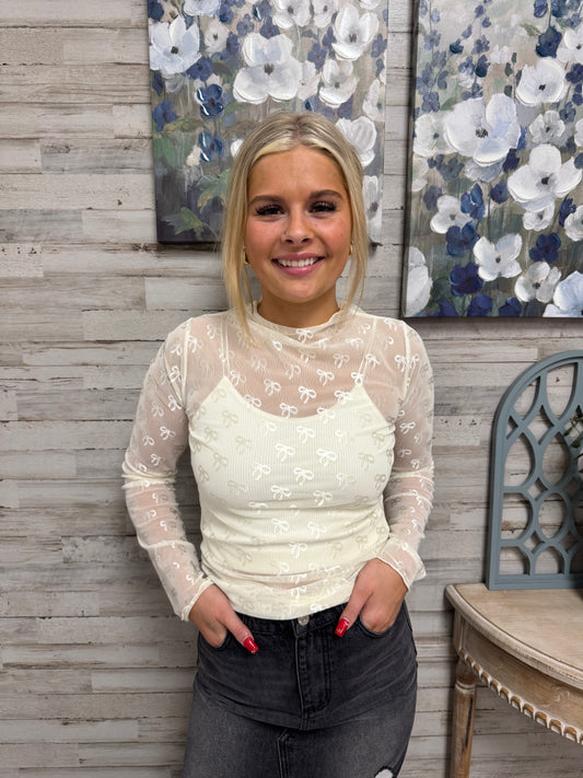 Sheer Bow Layering Top - Cream