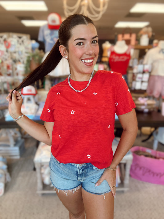 Red Star Embroidered Top