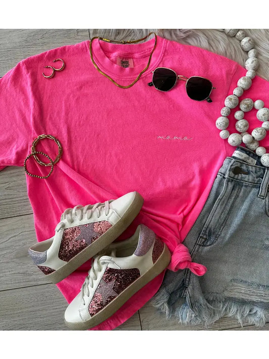 Neon Pink Dainty Mama Embroidered Tee