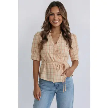 Peach Plaid Frill Top
