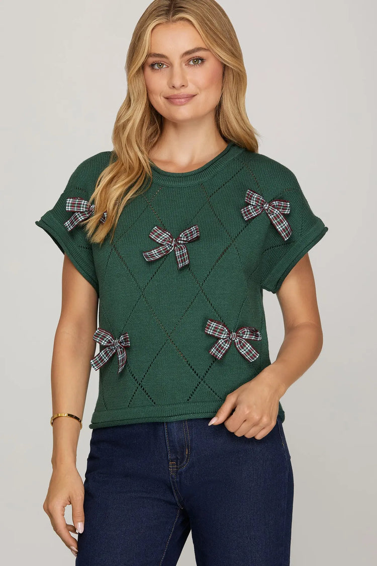 Emerald Checked Bow Sweater Top