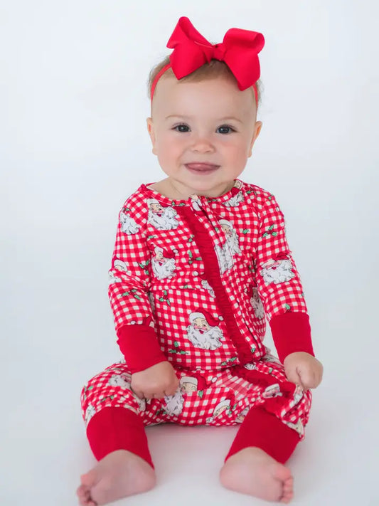 Gingham Santa Ruffle Footie Pajama