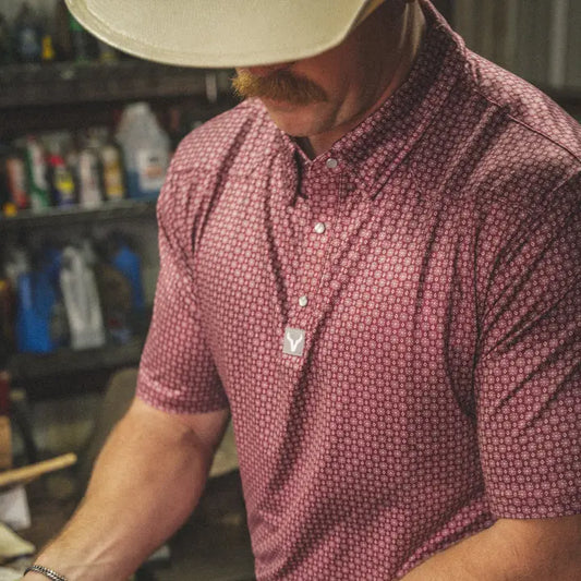 Western Pearl Snap Polo - Geo Maroon