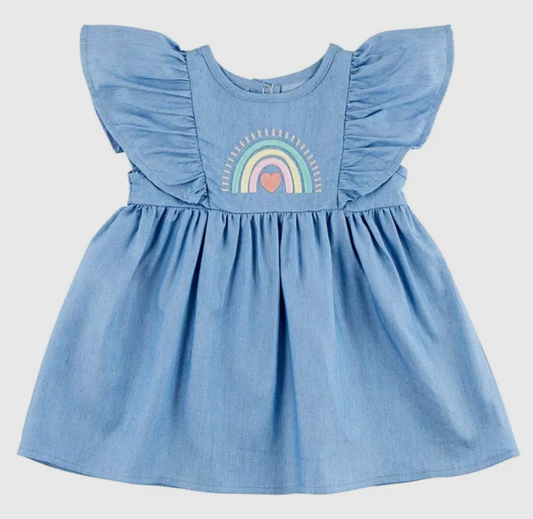 Flutter Sleeve Dress - Denim Rainbow