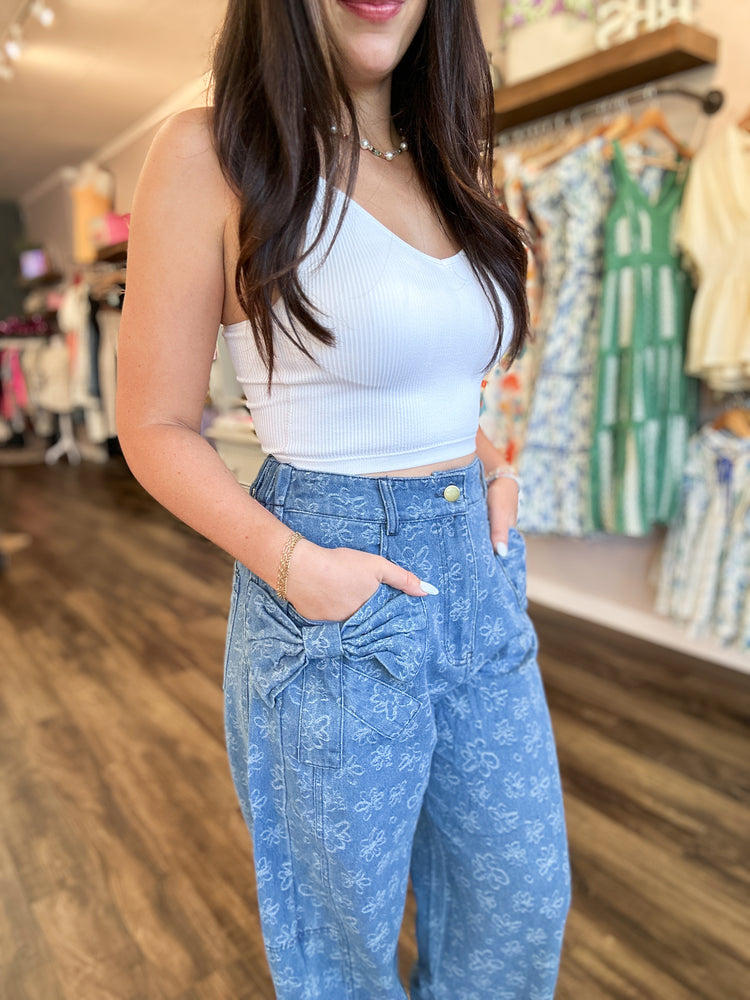 Floral Washed Denim Pants