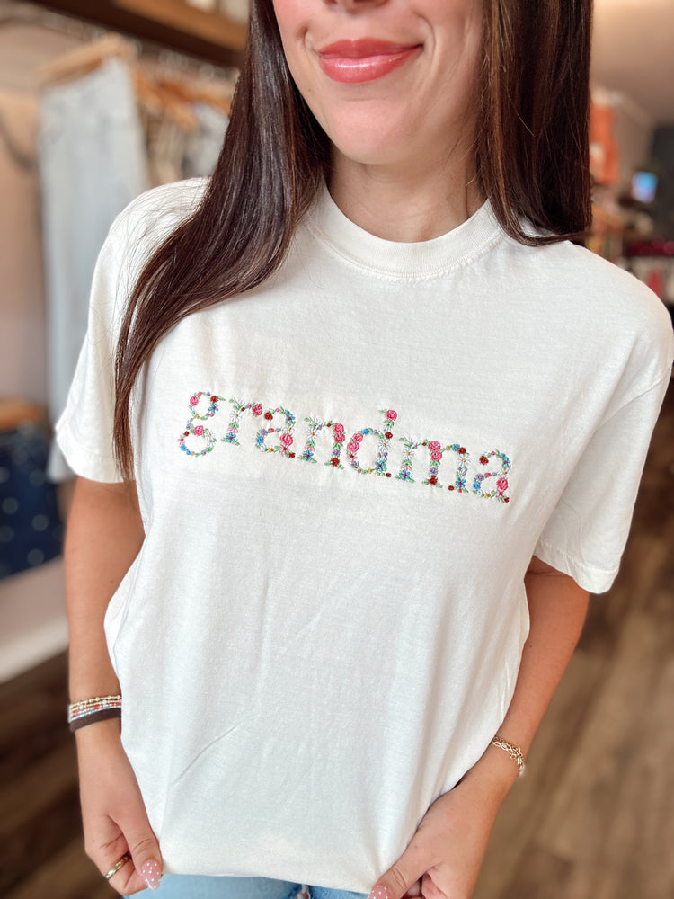 Grandma Embroidered Floral Tee - Ivory