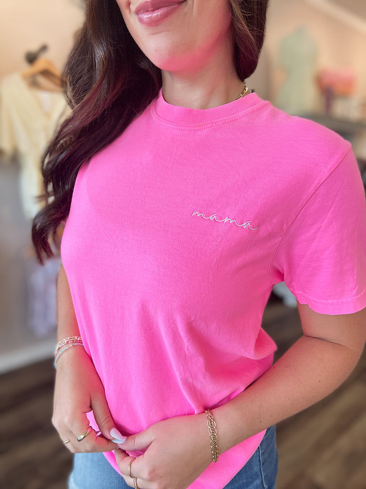 Neon Pink Dainty Mama Embroidered Tee