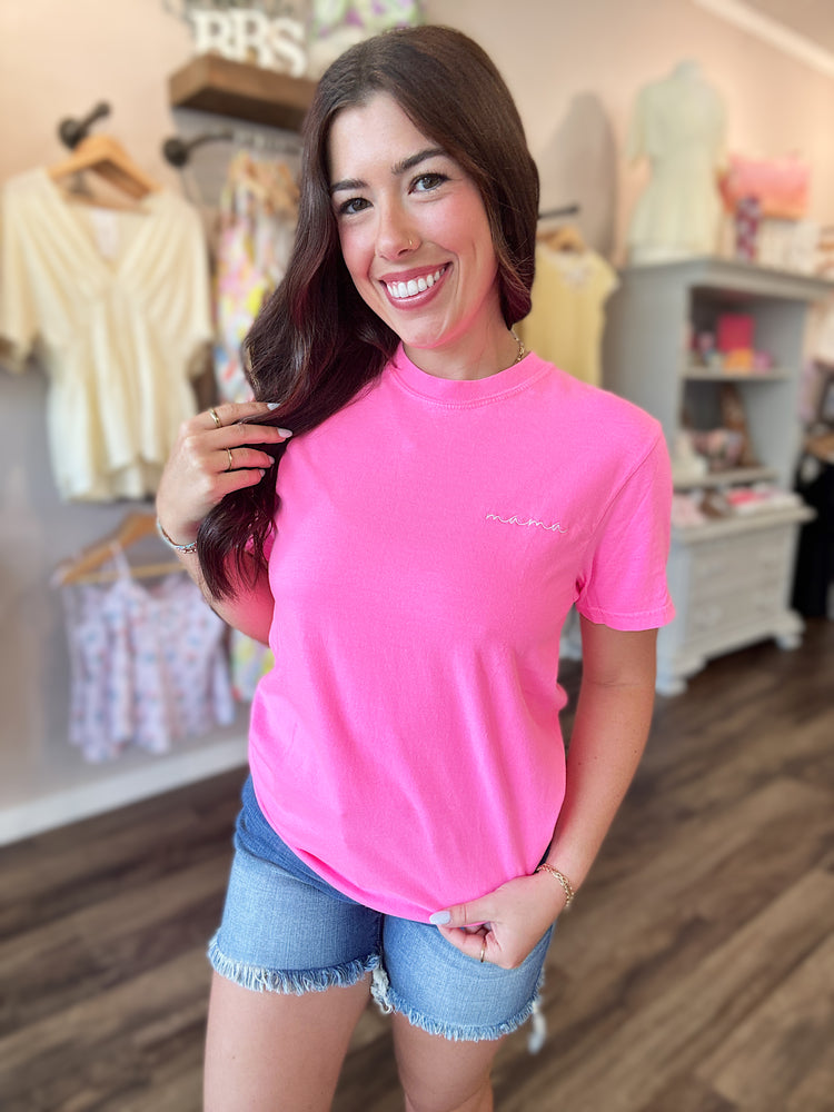 Neon Pink Dainty Mama Embroidered Tee