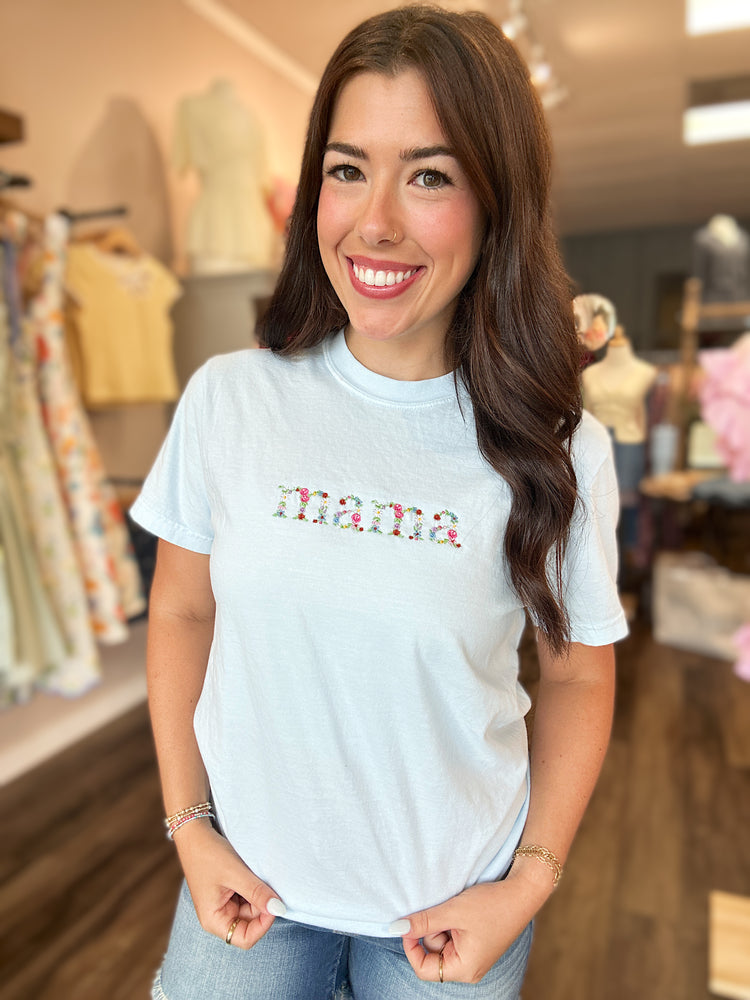 MAMA Embroidered Floral Tee - Blue