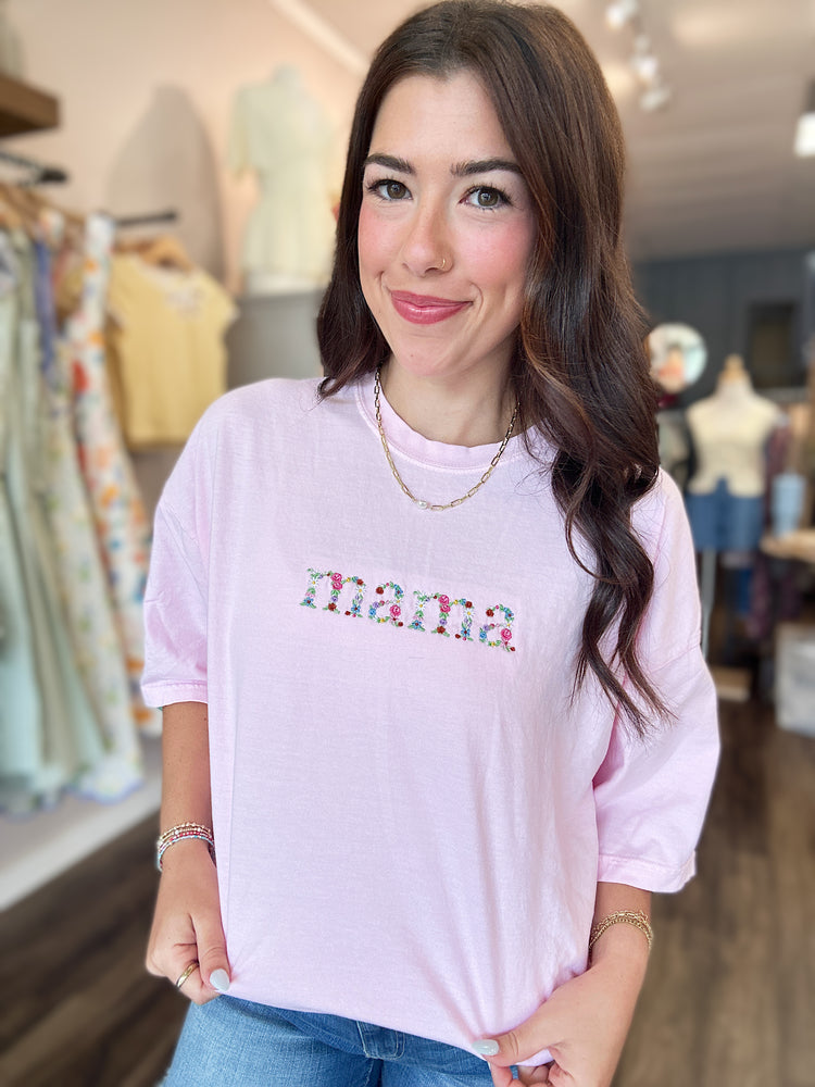 MAMA Embroidered Floral Tee - Pink