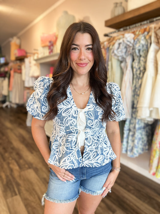 Denim Floral Tie Top