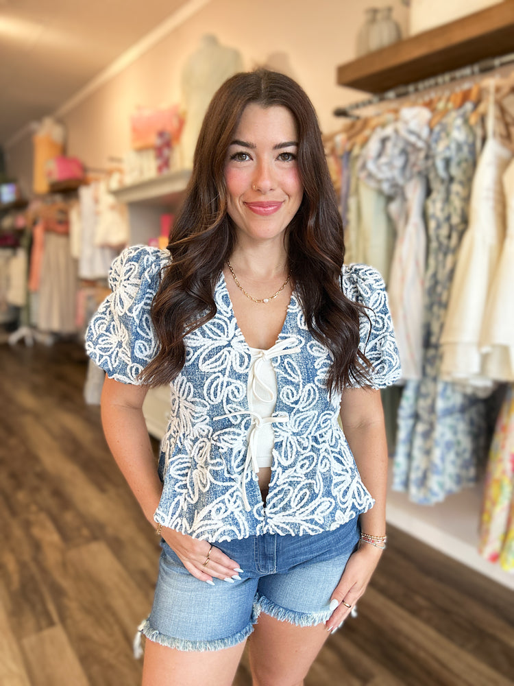 Denim Floral Tie Top
