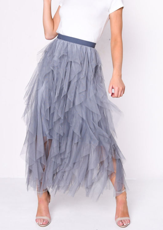 Tulle Mesh Ruffle Maxi Skirt