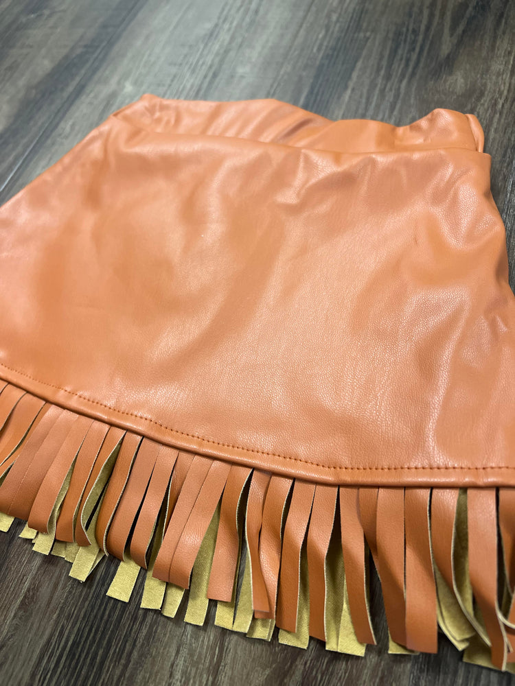 Camel Leather Skirt with Fringe